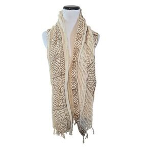 Nikky Women's Cream Brown Geometric‎ Print Open Weave Cotton Scarf Wrap New
